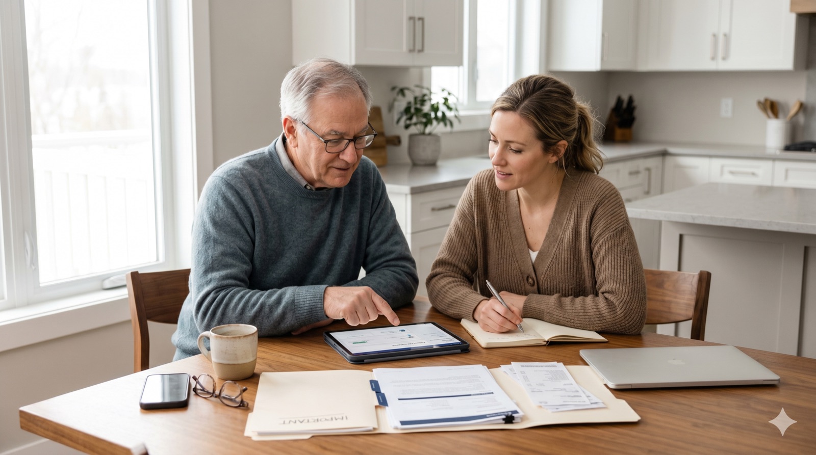 An aging father and his adult daughter review digital estate planning documents and an account list on a tablet at a kitchen table.